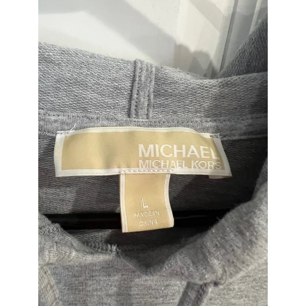 Michael Kors Women Gray MK Circle Logo Hoodie Sweatshirt Large Heathered Gray